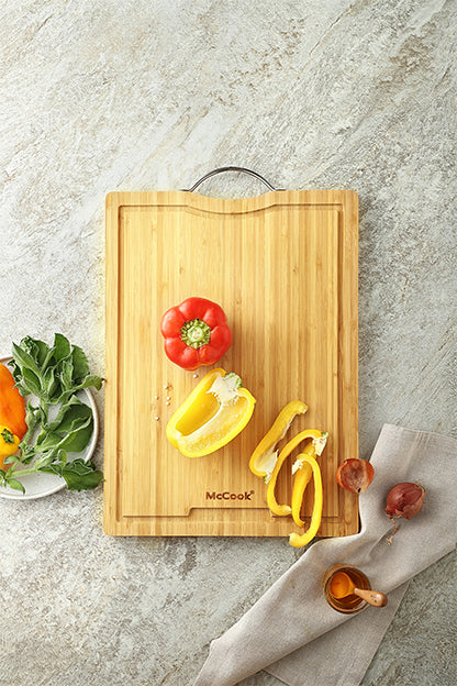 McCook® MCW11 Bamboo Cutting Boards Set of 4, Chopping Board Set w Juice Groove& Metal Handle, Cheese Charcuterie Board Serving Tray for Meat, Cheese and Vegetables (S, 15.4”10.2”0.8”)