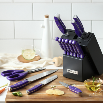 McCook MC27 14 Pieces Stainless Steel kitchen knife set with Wooden Block, Kitchen Scissors and Built-in Sharpener, Purple