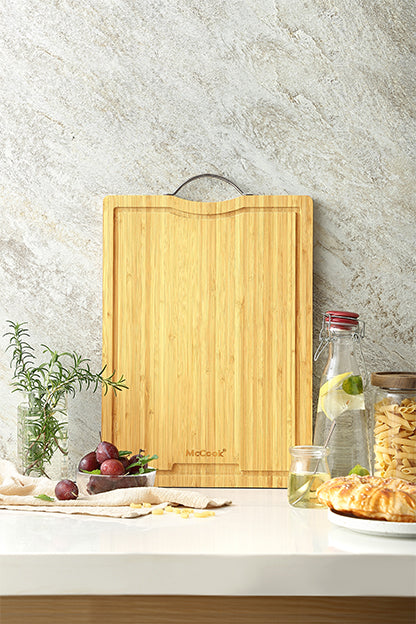 McCook® MCW11 Bamboo Cutting Boards Set of 4, Chopping Board Set w Juice Groove& Metal Handle, Cheese Charcuterie Board Serving Tray for Meat, Cheese and Vegetables (S, 15.4”10.2”0.8”)