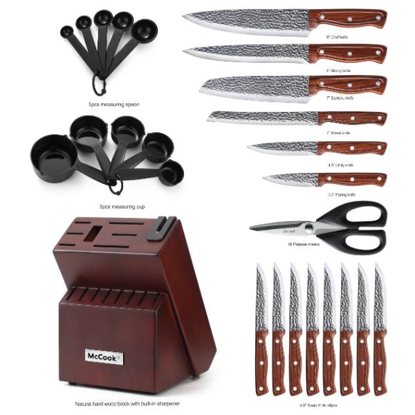 McCook® MC702 Knife Sets of 26, Stainless Steel Kitchen Knives Block Set with Built-in Knife Sharpener,Measuring Cups and Spoons