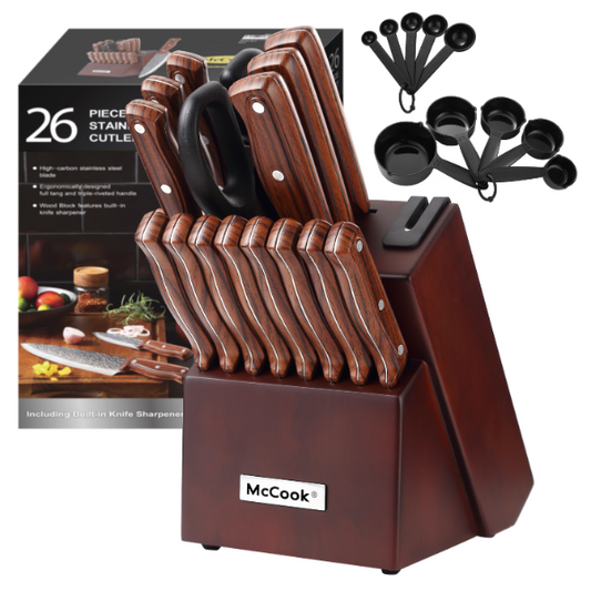 McCook® MC702 Knife Sets of 26, Stainless Steel Kitchen Knives Block Set with Built-in Knife Sharpener,Measuring Cups and Spoons