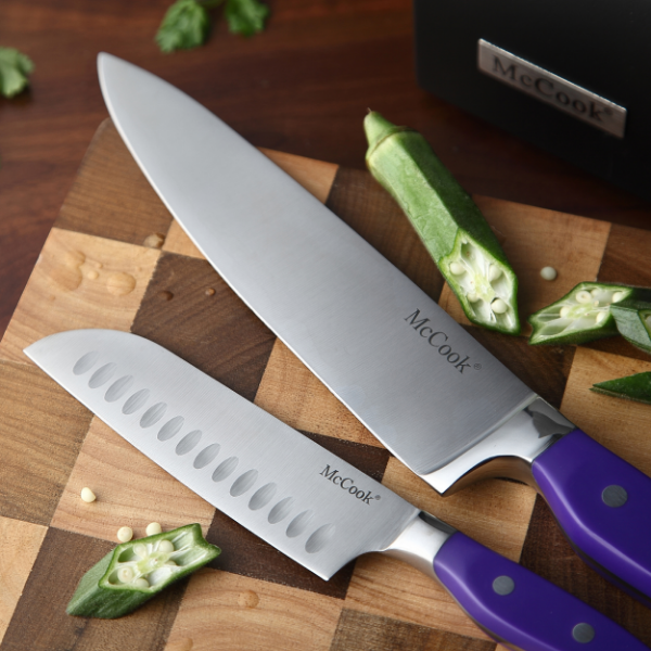 McCook MC27 14 Pieces Stainless Steel kitchen knife set with Wooden Block, Kitchen Scissors and Built-in Sharpener, Purple