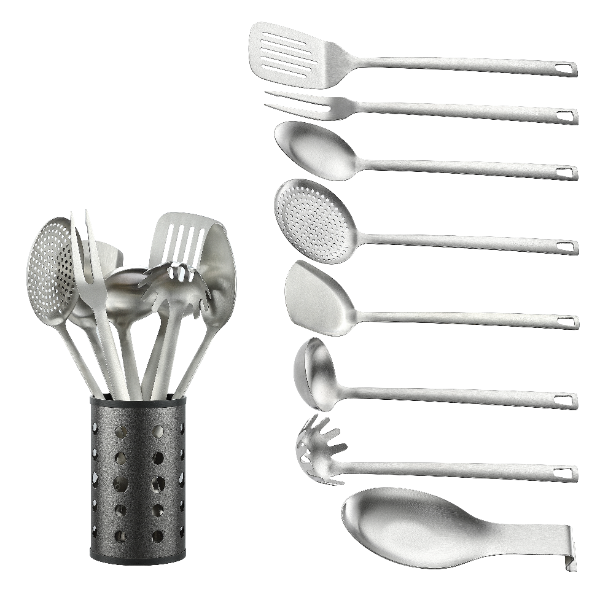 McCook® MC60 Kitchen Utensil Set, Stainless Steel Cooking Utensils Sets, 9-Piece Kitchen Turner, Serving Spoon, Ladle, Skimmer Spoons, Fork, Pasta Server,Spoon Rest and Holder