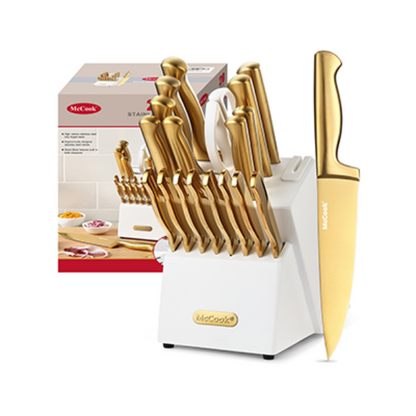 McCook® Kitchen Knife Sets, MC69G Golden Titanium Stainless Steel Knives Block Set with Built-in Sharpener