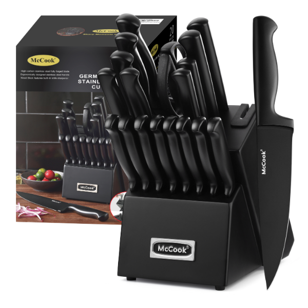 McCook® Premium Black Knife Sets,MC69C German Stainless Steel Kitchen Knives Block Set with Built-in Sharpener