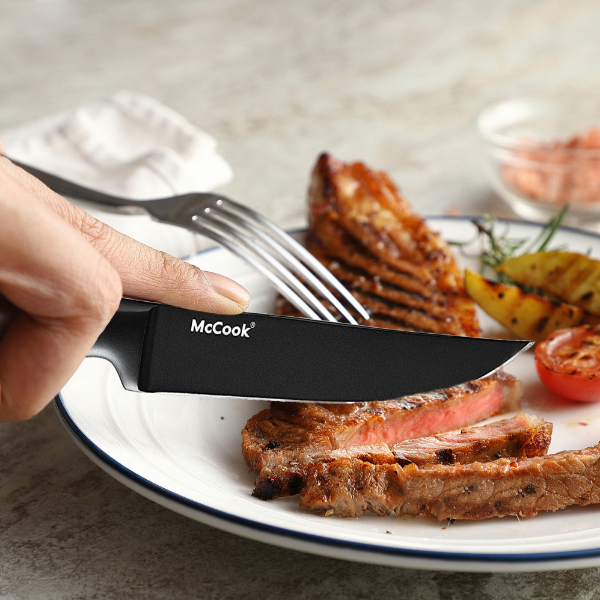 McCook MC59B Steak Knives Set of 6,4.5 Inch Non-stick One-piece Stainless Steel Steak Knives Sets,Black