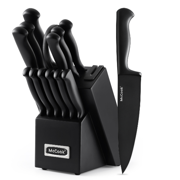 McCook® Knife Sets,MC21B German Stainless Steel Knife Block Sets with Built-in Sharpener, Black