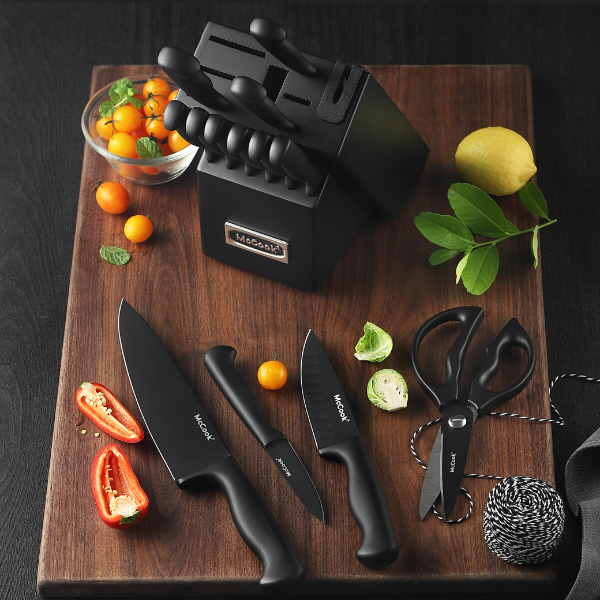 McCook® Knife Sets,MC21B German Stainless Steel Knife Block Sets with Built-in Sharpener, Black