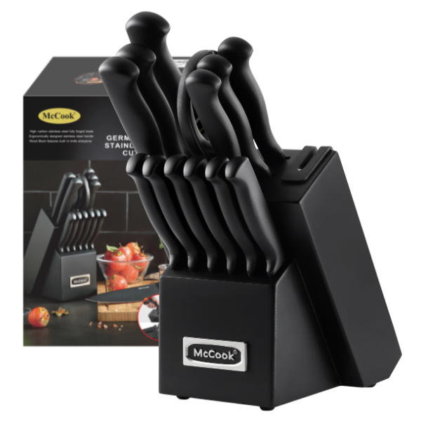 McCook® Knife Sets,MC21B German Stainless Steel Knife Block Sets with Built-in Sharpener, Black