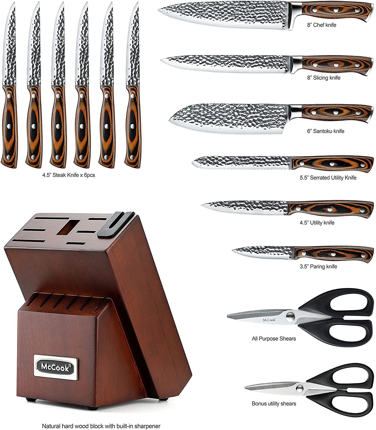 McCook MC17 Knife Sets,15 Pieces German Stainless Steel Knife Block Sets with Built-in Sharpener