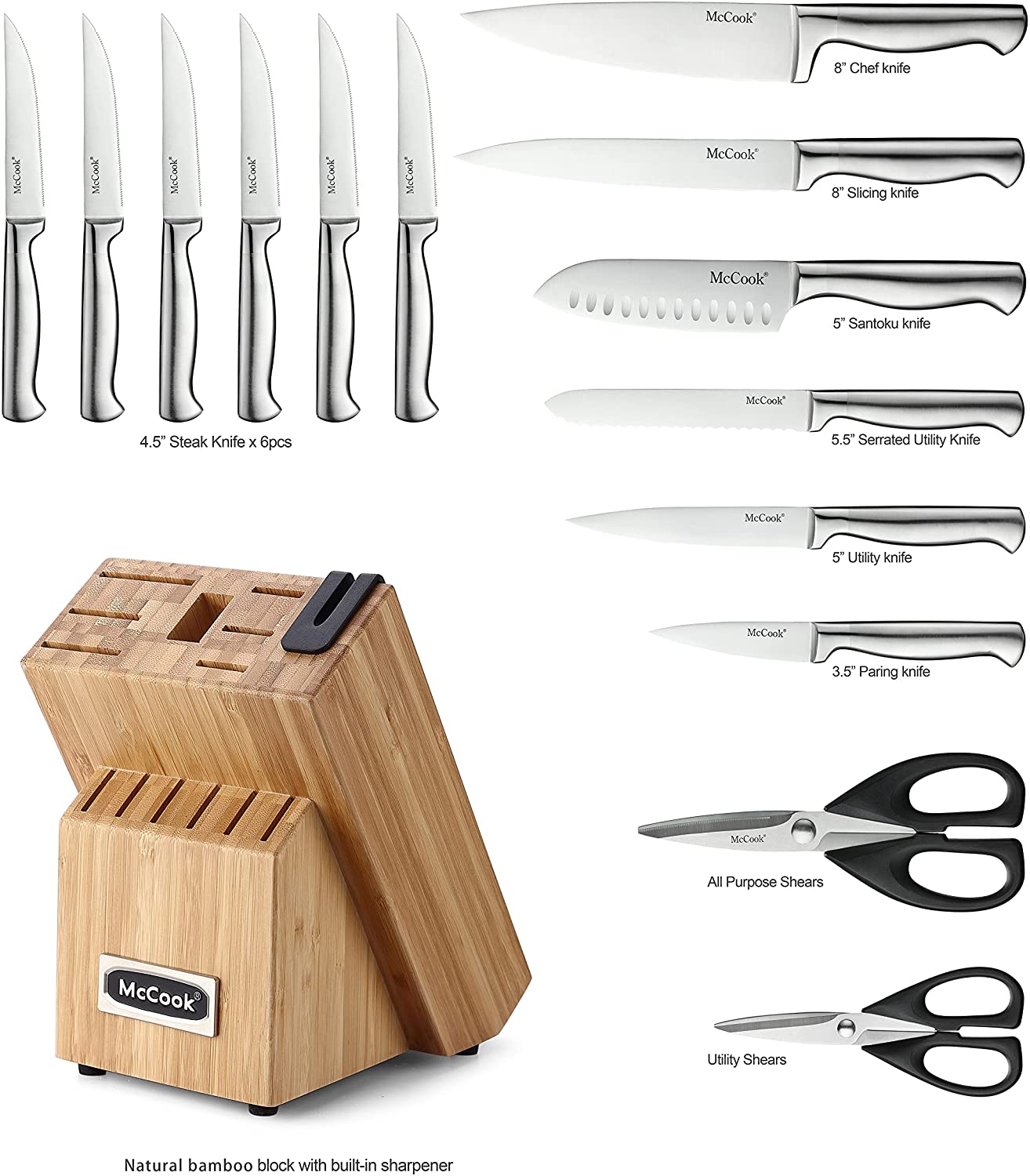 McCook® Knife Sets,MC19 German Stainless Steel Knife Block Sets with Built-in Sharpener