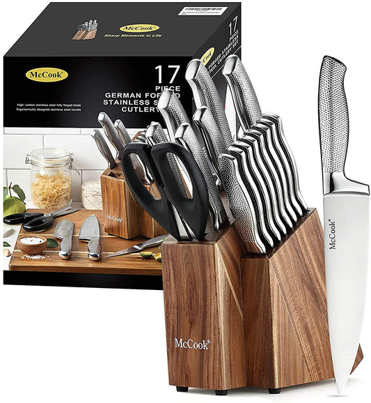 McCook® Premium Knife Sets,MC20 Full Tang Hammered German Stainless Steel Kitchen Knife Set with 8 Pieces Steak Knives and Acacia Block