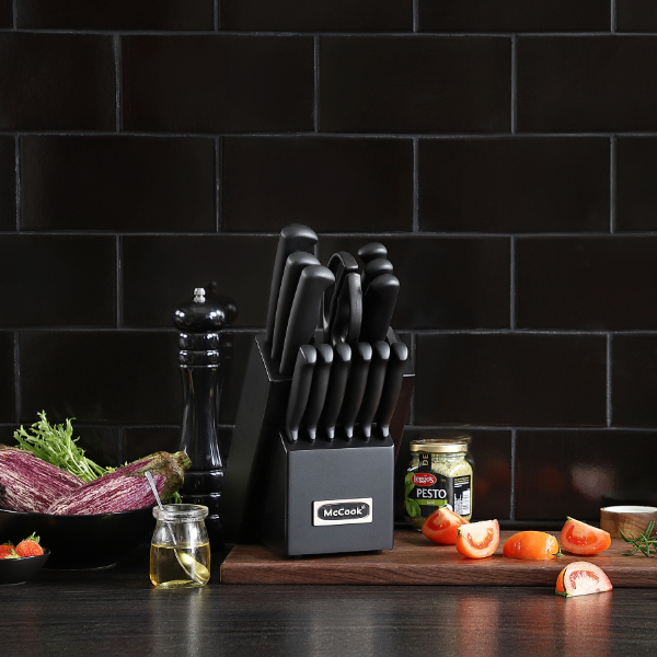 McCook® Knife Sets,MC21B German Stainless Steel Knife Block Sets with Built-in Sharpener, Black