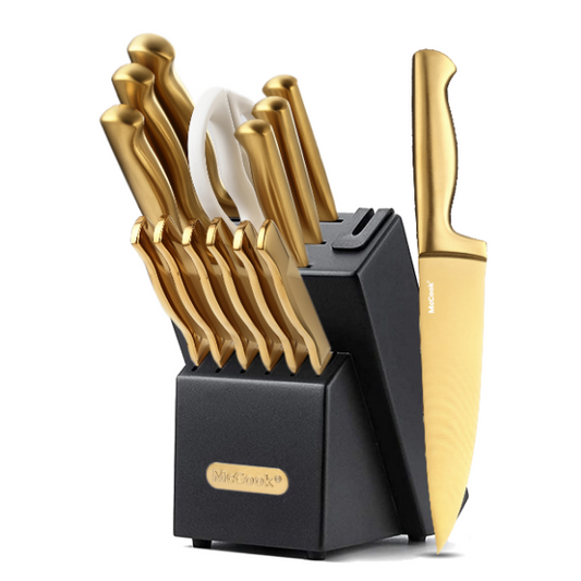 McCook® Knife Sets, MC21GB Golden Titanium Stainless Steel Kitchen Knife Block Sets with Built-in Sharpener