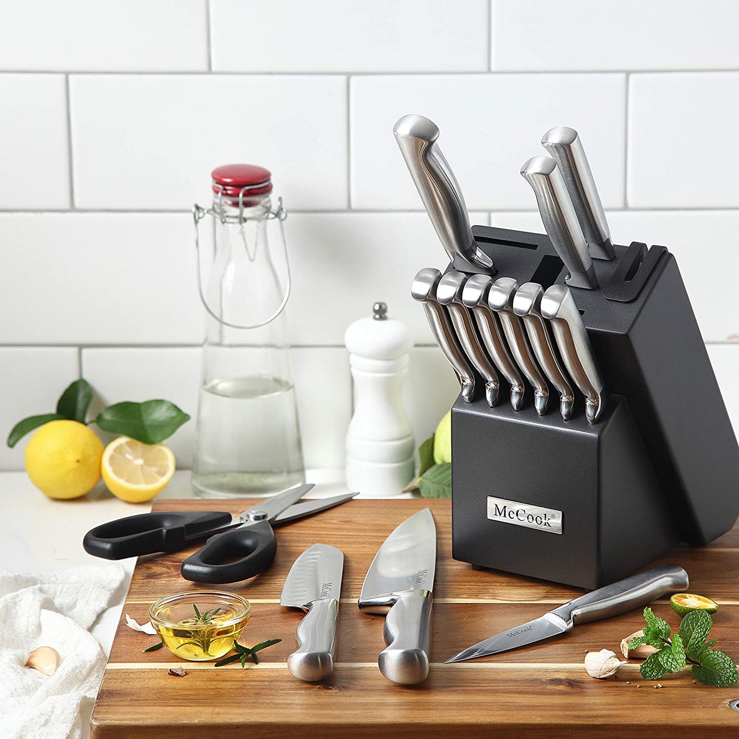 McCook® Knife Sets, MC21 German Stainless Steel Knife Block Sets with Built-in Sharpener