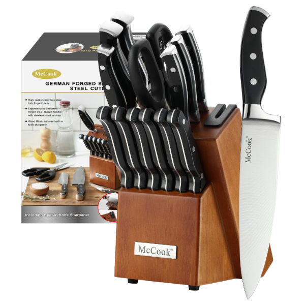 McCook® Knife Sets, MC23A German Stainless Steel Kitchen Knives Set with Built-in Sharpener and Wooden Block