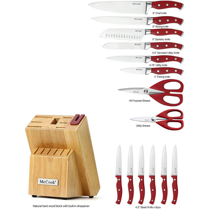 McCook® Stainless Steel Kitchen Knife Sets with Wooden Block, MC24 Kitchen Scissors and Built-in Sharpener, Red