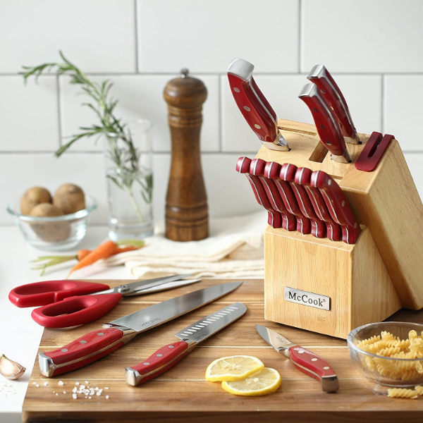 McCook® Stainless Steel Kitchen Knife Sets with Wooden Block, MC24 Kitchen Scissors and Built-in Sharpener, Red