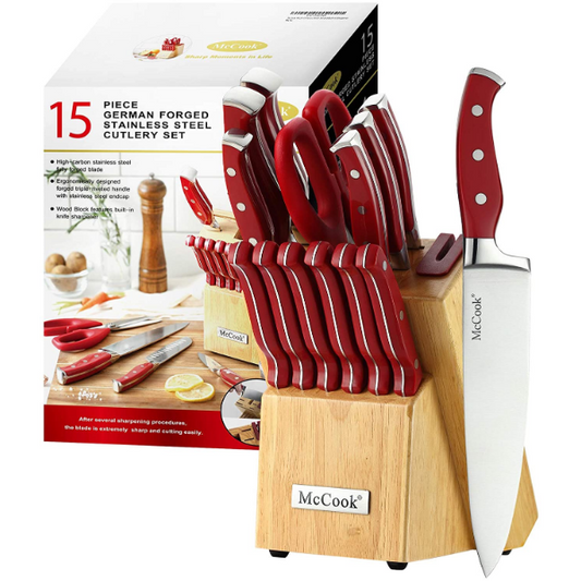 McCook® Stainless Steel Kitchen Knife Sets with Wooden Block, MC24 Kitchen Scissors and Built-in Sharpener, Red