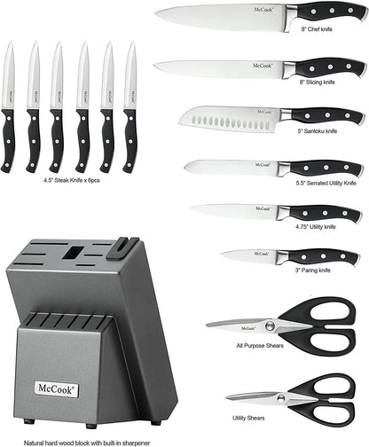 McCook® Knife Sets,MC25A German Stainless Steel Kitchen Knife Block Set with Built-in Sharpener