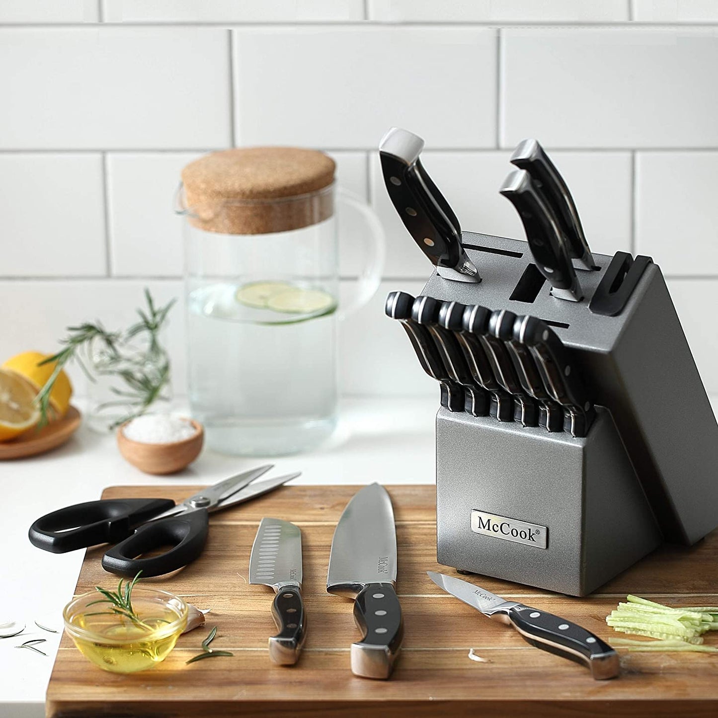 McCook® Knife Sets,MC25A German Stainless Steel Kitchen Knife Block Set with Built-in Sharpener