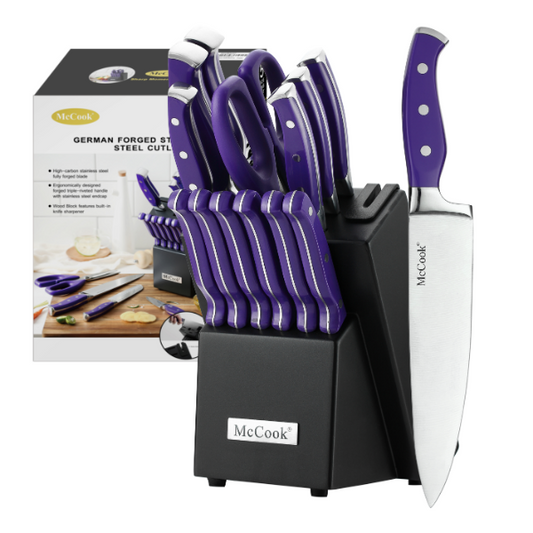 McCook MC27 14 Pieces Stainless Steel kitchen knife set with Wooden Block, Kitchen Scissors and Built-in Sharpener, Purple