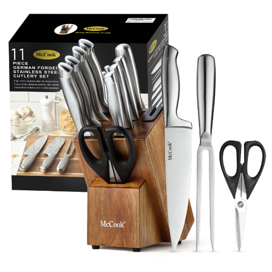 McCook® Knife Sets with Built-in Sharpener,MC35 German Stainless Steel Hollow Handle Kitchen Knives Set in Acacia Block