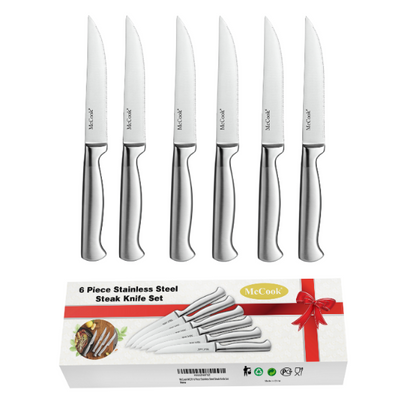 McCook Steak Knives, MC59 Steak Knives Set of 6 - Full Tang Serrated Steak Knives Stainless Steel Steak Knife Set Sharp Knife for Cutting Meat