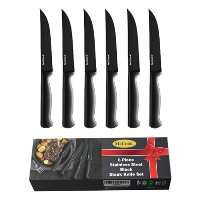 McCook MC59B Steak Knives Set of 6,4.5 Inch Non-stick One-piece Stainless Steel Steak Knives Sets,Black