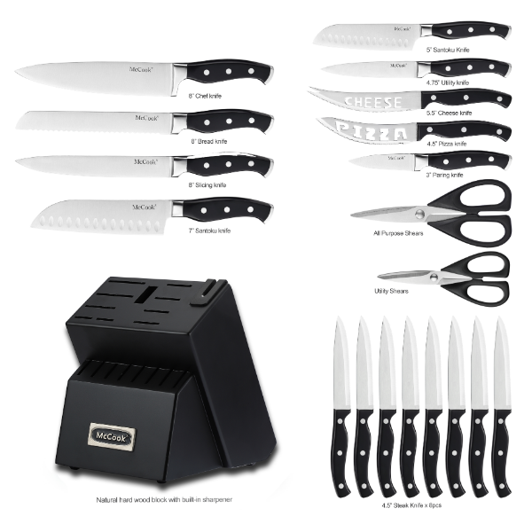 McCook® Black Knife Sets, MC65B German Stainless Steel Forged Kitchen Knives Block Set with Built-in Knife Sharpener