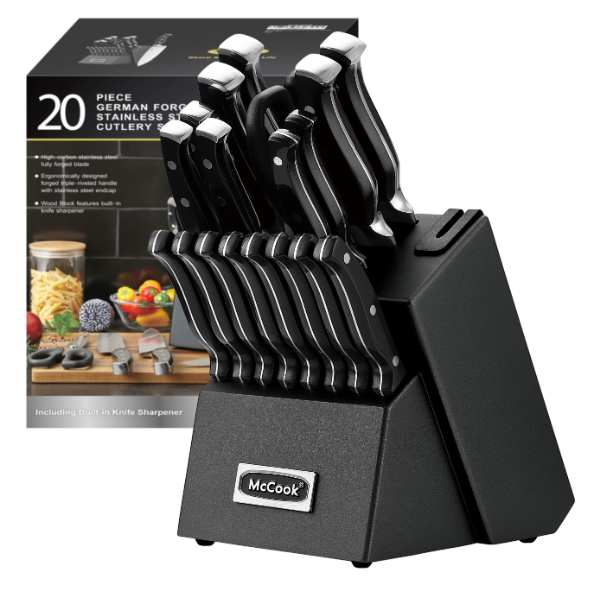 McCook® Black Knife Sets, MC65B German Stainless Steel Forged Kitchen Knives Block Set with Built-in Knife Sharpener