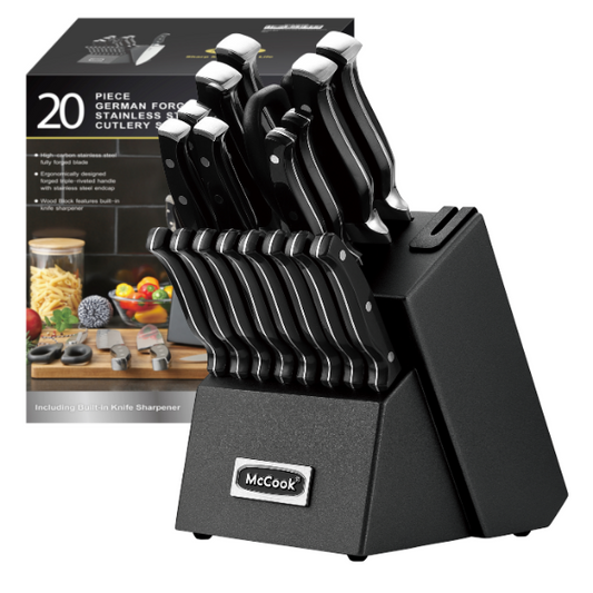 McCook® Black Knife Sets, MC65B German Stainless Steel Forged Kitchen Knives Block Set with Built-in Knife Sharpener