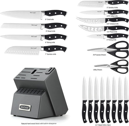 McCook® Knife Sets, MC65G German Stainless Steel Forged Kitchen Knives Block Set with Built-in Knife Sharpener