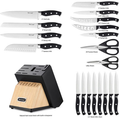 McCook® Knife Sets, MC65 German Stainless Steel Kitchen Knives Block Set with Pull-Away Steak Block and Built-in Knife Sharpener