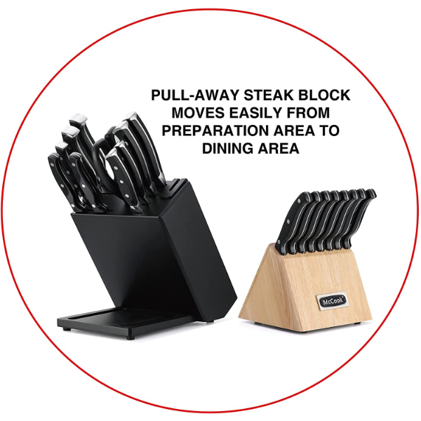 McCook® Knife Sets, MC65 German Stainless Steel Kitchen Knives Block Set with Pull-Away Steak Block and Built-in Knife Sharpener