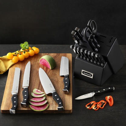 McCook® Black Knife Sets, MC65B German Stainless Steel Forged Kitchen Knives Block Set with Built-in Knife Sharpener