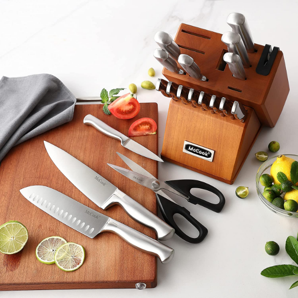 McCook® Knife Sets,MC69 German Stainless Steel Kitchen Knives Block Set with Built-in Sharpener