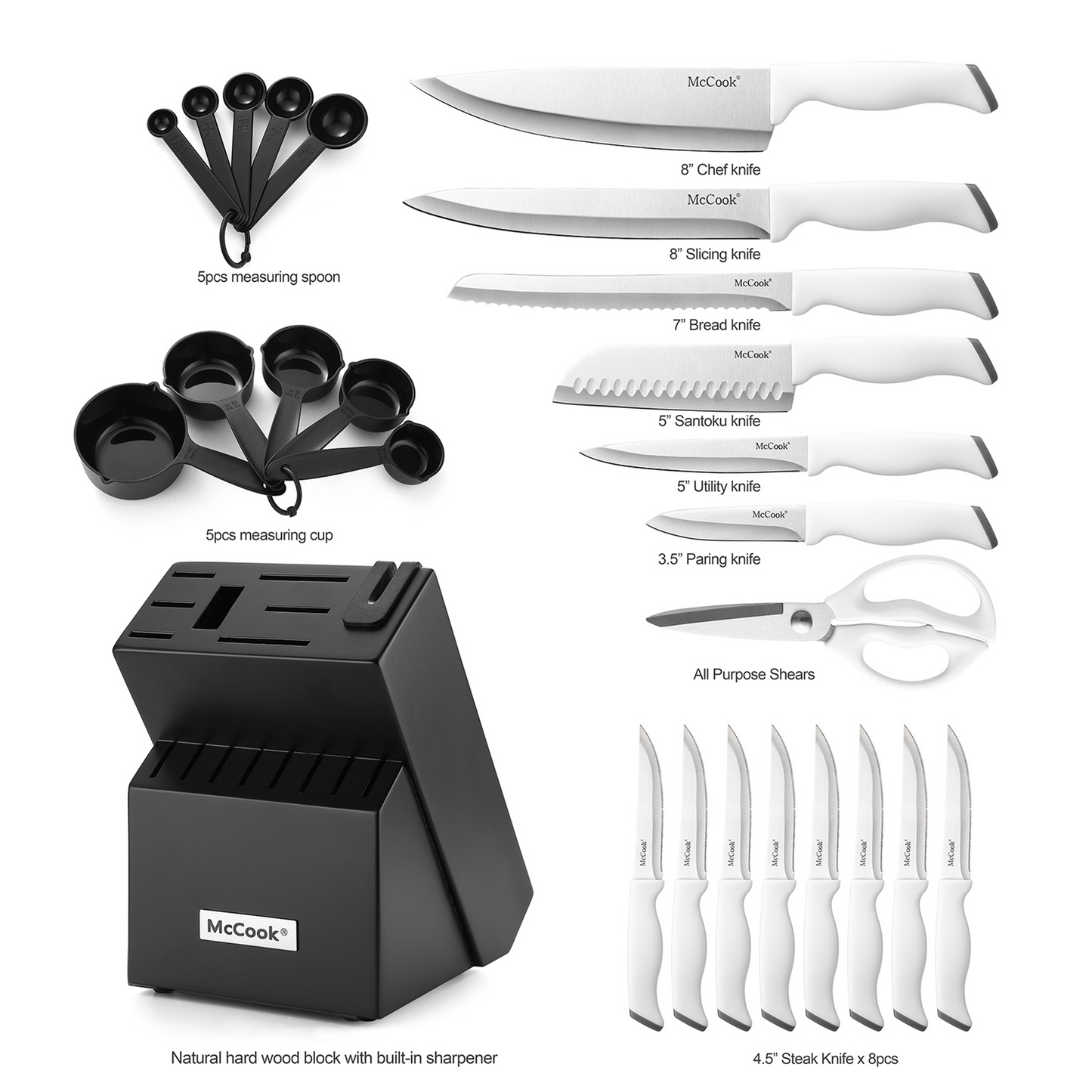 MC705，McCook Block Knife Set, 26PCS Ultra- Sharp Cutlery Knife Set with Steel Blades for Precise Cutting,Lightweight, Stainless Steel Knife Set with Built-in Knife Sharpener,Measuring Cups and Spoons