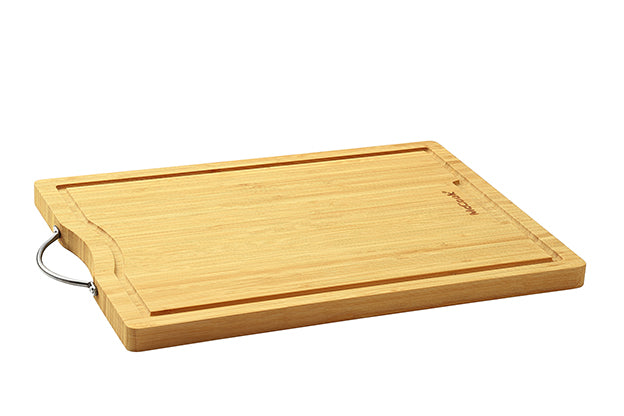 McCook® MCW11 Bamboo Cutting Boards Set of 4, Chopping Board Set w Juice Groove& Metal Handle, Cheese Charcuterie Board Serving Tray for Meat, Cheese and Vegetables (S, 15.4”10.2”0.8”)