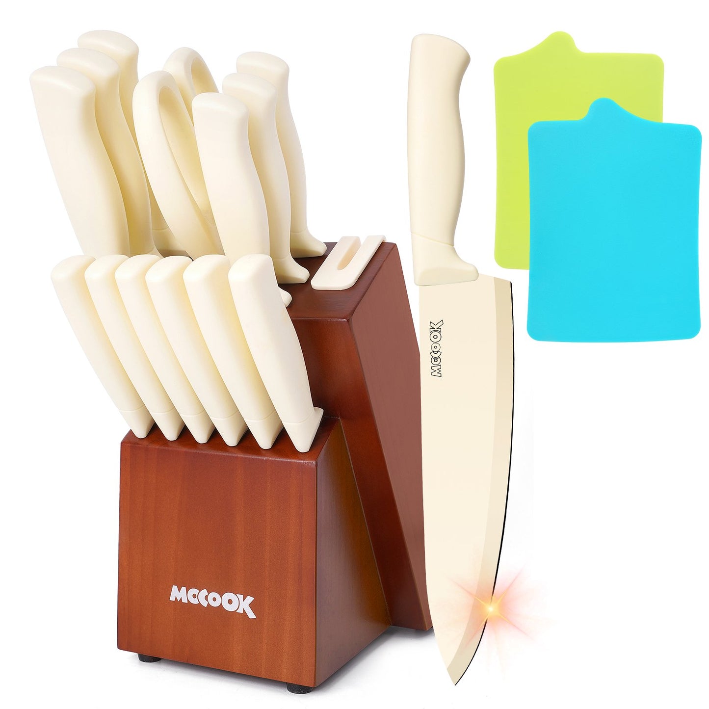 MoCook MO33W Kitchen Knife Set, 16 Pcs Knives Block Set with Built-in Sharpener, Healthy Anti-Rust Coating & German Stainless Steel Knife Set, Dishwasher Safe Beige