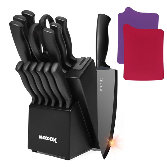 MoCook MO33B Kitchen Knife Set, 16 Pcs Knives Block Set with Built-in Sharpener, Healthy Anti-Rust Coating & German Stainless Steel Knife Set, Dishwasher Safe Black