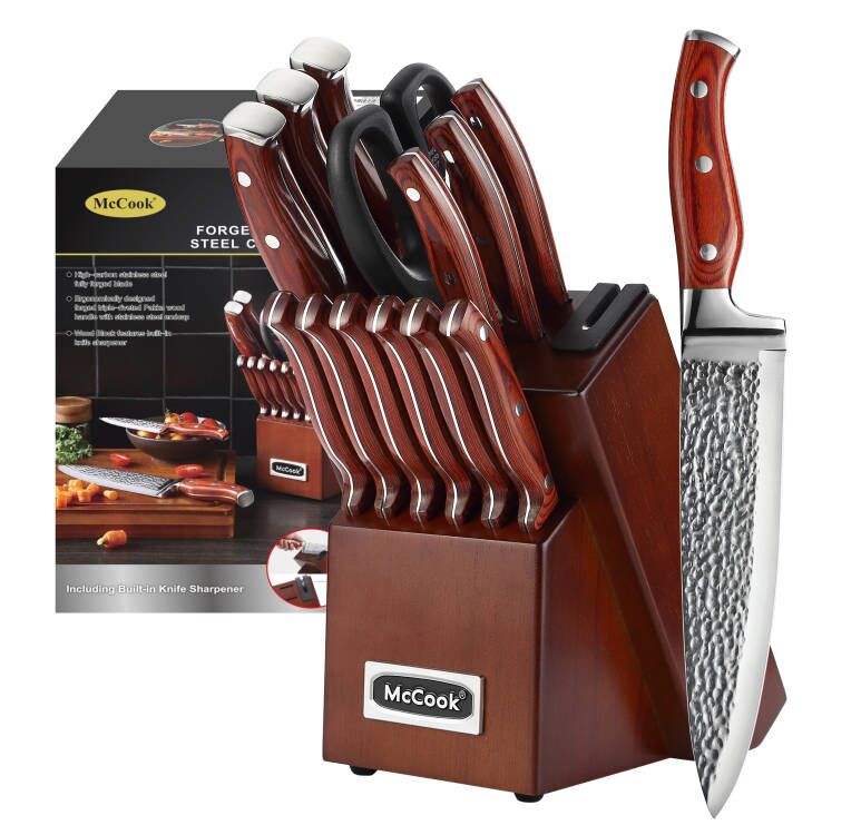 McCook® Knife Sets,MC25P Stainless Steel Kitchen Knife Block Set with Built-in Sharpener