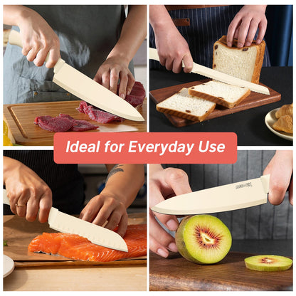 MoCook MO33W Kitchen Knife Set, 16 Pcs Knives Block Set with Built-in Sharpener, Healthy Anti-Rust Coating & German Stainless Steel Knife Set, Dishwasher Safe Beige