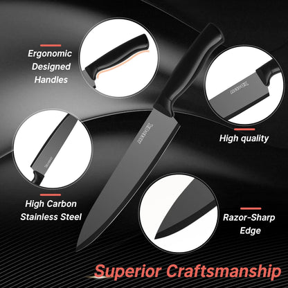 MoCook MO33B Kitchen Knife Set, 16 Pcs Knives Block Set with Built-in Sharpener, Healthy Anti-Rust Coating & German Stainless Steel Knife Set, Dishwasher Safe Black