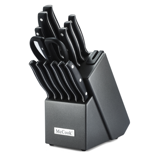 McCook MC39 14 Pieces Full Tang Triple Rivet Kitchen Knife Block Set with Built-in Sharpener and Kitchen Scissor, Black