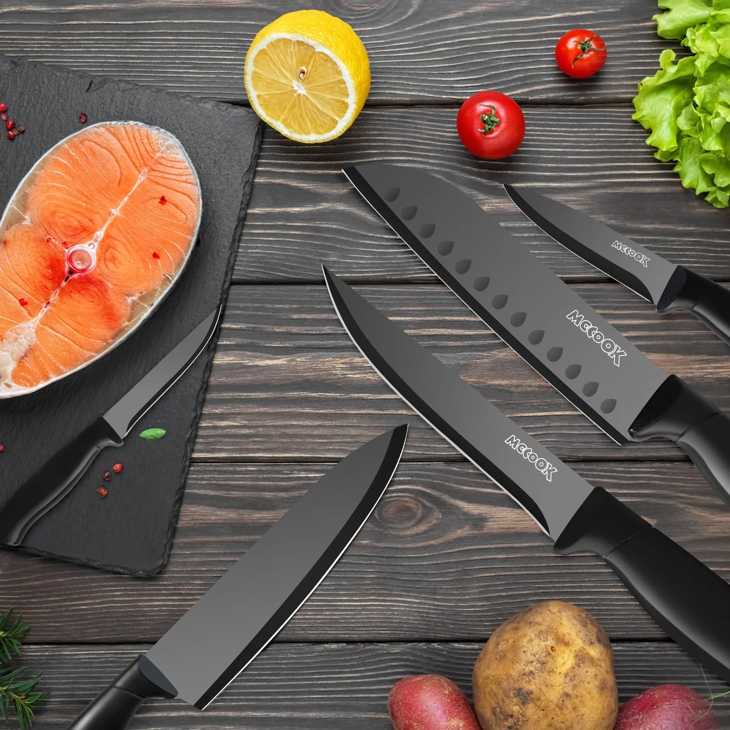 MoCook MO33B Kitchen Knife Set, 16 Pcs Knives Block Set with Built-in Sharpener, Healthy Anti-Rust Coating & German Stainless Steel Knife Set, Dishwasher Safe Black